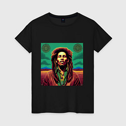 Футболка хлопковая женская Digital Art Bob Marley in the field, цвет: черный