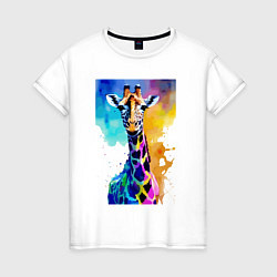 Футболка хлопковая женская Маленький жирафёнок - Африка - акварель, цвет: белый