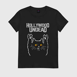 Футболка хлопковая женская Hollywood Undead rock cat, цвет: черный