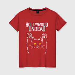 Футболка хлопковая женская Hollywood Undead rock cat, цвет: красный