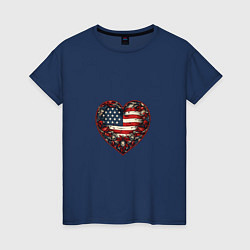 Футболка хлопковая женская Сердце с цветами флаг США, цвет: тёмно-синий