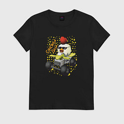 Футболка хлопковая женская Chicken Gun: цыпленок на квадроцикле, цвет: черный