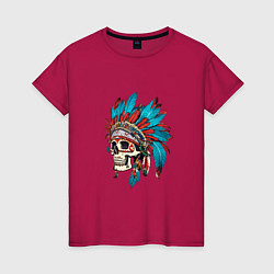 Футболка хлопковая женская Череп Индейца с перьями, цвет: маджента