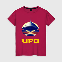 Футболка хлопковая женская Летающая тарелка НЛО, цвет: маджента