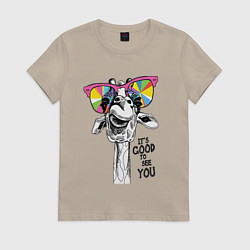 Футболка хлопковая женская Жираф в цветных очках, цвет: миндальный