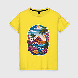 Футболка хлопковая женская Горы и море - экзотика, цвет: желтый