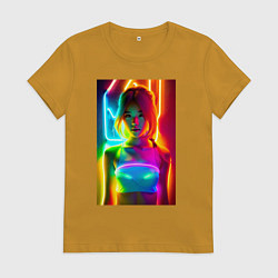Футболка хлопковая женская Japanese girl - neon glow - neural network, цвет: горчичный
