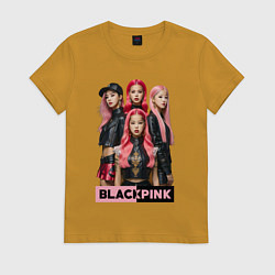 Футболка хлопковая женская Блэкпинк постер, цвет: горчичный