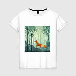 Футболка хлопковая женская Рыжая лисичка в лесу, цвет: белый