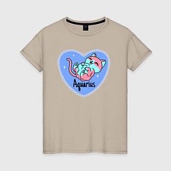 Футболка хлопковая женская Пушистый котик - водолей, цвет: миндальный