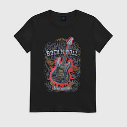 Футболка хлопковая женская Рок-н-ролл с гитарой стимпанк в огне, цвет: черный