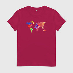 Футболка хлопковая женская Карта мира - акварель, цвет: маджента