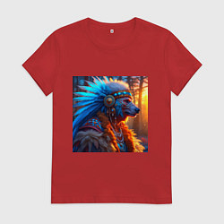 Футболка хлопковая женская Медведь-индеец от нейросети, цвет: красный