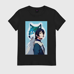 Футболка хлопковая женская Мечтательная девчонка и волк - нейросеть, цвет: черный