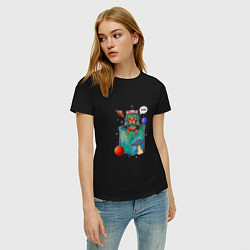 Футболка хлопковая женская Кот космонавт в кармане, цвет: черный — фото 2