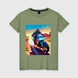 Футболка хлопковая женская Мотоциклист в пустыне, цвет: авокадо