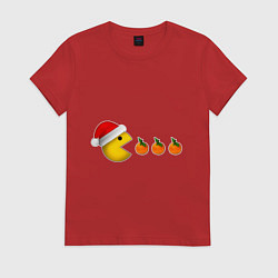 Футболка хлопковая женская Новогодний пэкмэн с мандаринами, цвет: красный