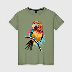 Футболка хлопковая женская Акварельный попугай, цвет: авокадо