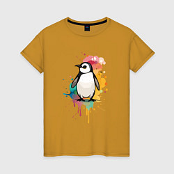 Футболка хлопковая женская Красочный пингвин, цвет: горчичный