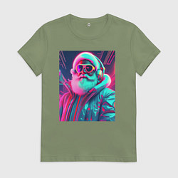 Футболка хлопковая женская Модный Санта в неоновом свете, цвет: авокадо