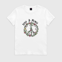 Футболка хлопковая женская Хиппи знак мира цветочный пастельный peace and lov, цвет: белый