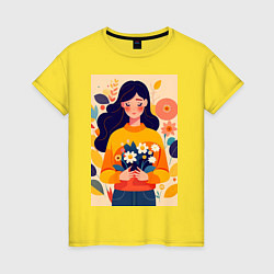Футболка хлопковая женская Милый портрет девушки с цветами - нейросеть, цвет: желтый