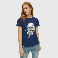 Футболка хлопковая женская Skull octopus, цвет: тёмно-синий — фото 2