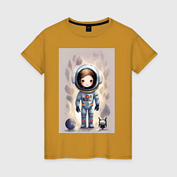 Футболка хлопковая женская Милый маленький космонавт - нейросеть, цвет: горчичный