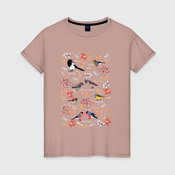 Футболка хлопковая женская Зимующие птицы, цвет: пыльно-розовый