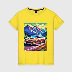 Футболка хлопковая женская Авто на фоне гор, цвет: желтый