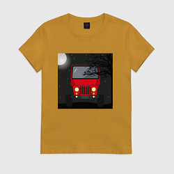 Футболка хлопковая женская Красный джип в ночном пейзаже спортивная машина, цвет: горчичный