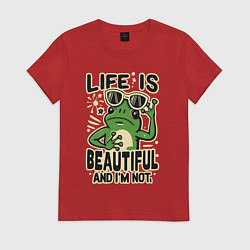 Футболка хлопковая женская Жизнь прекрасна, а я нет, цвет: красный