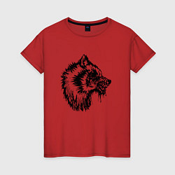 Футболка хлопковая женская Злой черный волк, цвет: красный