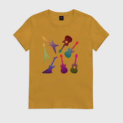 Футболка хлопковая женская Цветные гитарки, цвет: горчичный