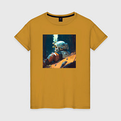 Футболка хлопковая женская Космонавт и лес, цвет: горчичный