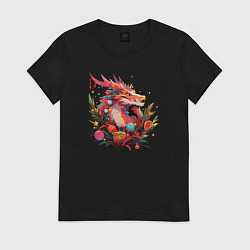 Футболка хлопковая женская Christmas angry dragon, цвет: черный
