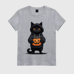 Футболка хлопковая женская Кот в черном худи держит в руках тыкву, цвет: меланж