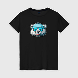 Футболка хлопковая женская Полярный медведь в очках, цвет: черный