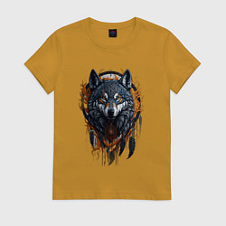 Футболка хлопковая женская Волк и ловец снов, цвет: горчичный