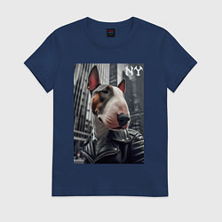 Футболка хлопковая женская Dude bull terrier in New York - ai art, цвет: тёмно-синий