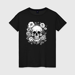 Футболка хлопковая женская Skull in flowers from napalm 696, цвет: черный