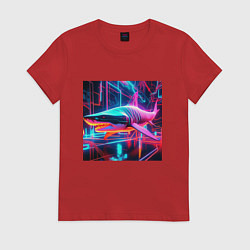 Футболка хлопковая женская Неоновая акула, цвет: красный