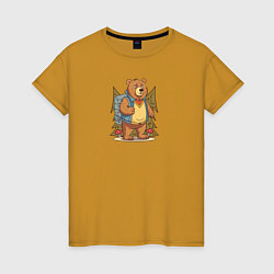 Футболка хлопковая женская Медведь турист, цвет: горчичный