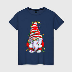 Футболка хлопковая женская Новогодний гном с гирляндой, цвет: тёмно-синий