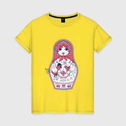 Футболка хлопковая женская Матрешка с красным петухом по мотивам мезенской ро, цвет: желтый