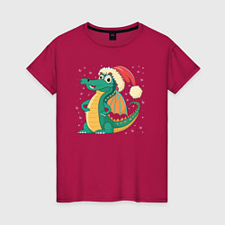 Футболка хлопковая женская Милый дракончик в новогодней шапке, цвет: маджента