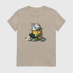 Футболка хлопковая женская Котик за учебой, цвет: миндальный