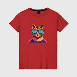 Футболка хлопковая женская Модный кот, цвет: красный