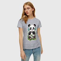 Футболка хлопковая женская Медвежонок панды в наушниках, цвет: меланж — фото 2