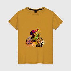 Футболка хлопковая женская Велосипедист спортсмен, цвет: горчичный
